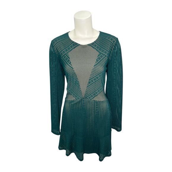 BCBG MaxAzria Daina Green Nude Crochet Fit Flare Dress‎ Sz Large - Picture 1 of 6